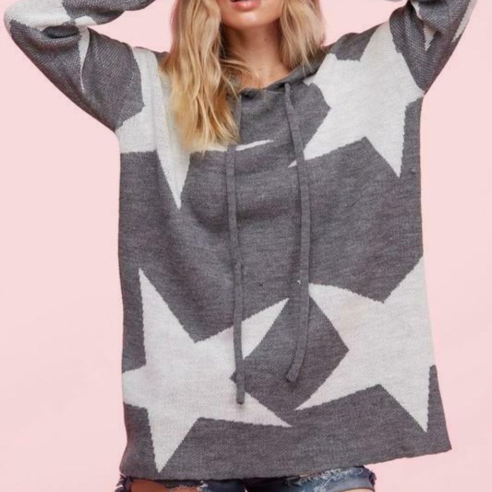 Soft Oversized Star Print Boxy Sweater Poncho